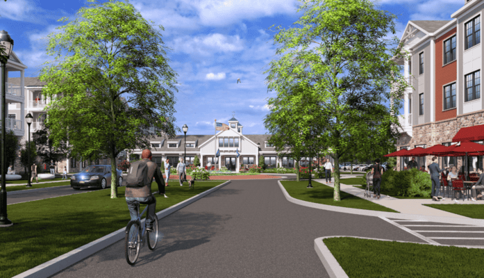 Milltown rendering of street sceen looking into shopping area